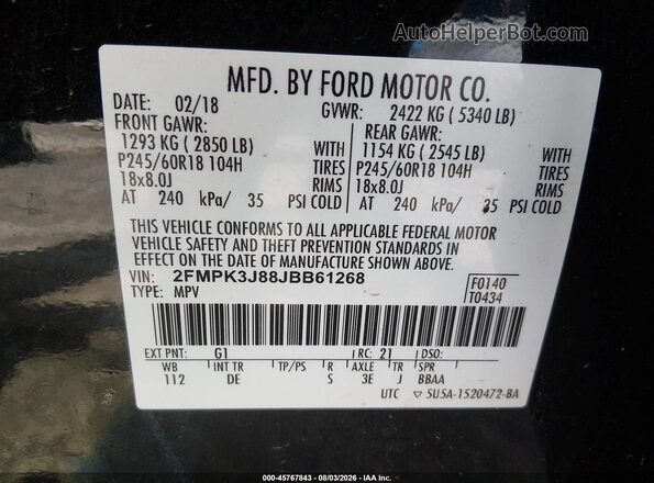 2FMPK3J88JBB61268 2018 FORD EDGE Black Engine compartment view