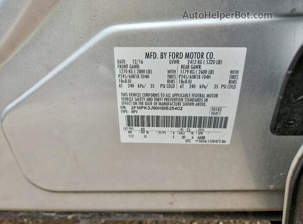2FMPK3J90HBB25402 2017 FORD EDGE Серый Вид наклейки с VIN-кодом
