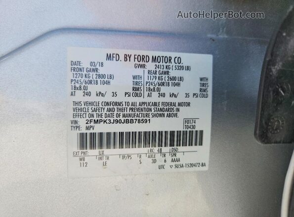 2FMPK3J90JBB78591 2018 FORD EDGE Silver Vista de la etiqueta del VIN