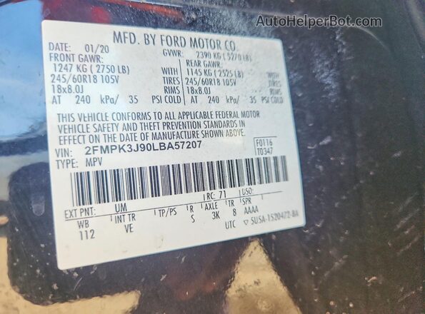 2FMPK3J90LBA57207 2020 FORD EDGE Black VIN կոդի պիտակի տեսք