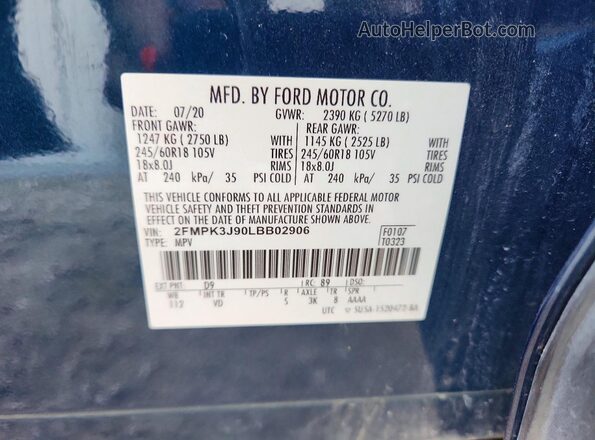 2FMPK3J90LBB02906 2020 FORD EDGE Blue Vista del compartimento del motor
