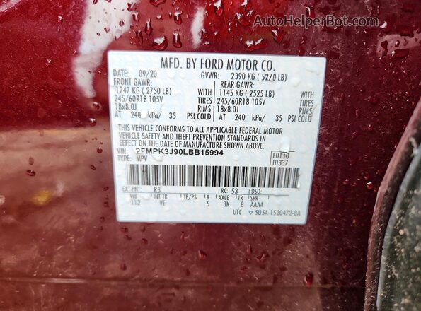 2FMPK3J90LBB15994 2020 FORD EDGE Burgundy Вид наклейки з VIN-кодом