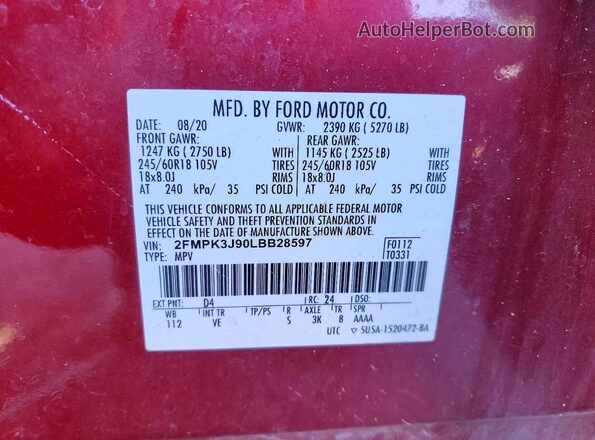2FMPK3J90LBB28597 2020 FORD EDGE Red Widok naklejki z numerem VIN