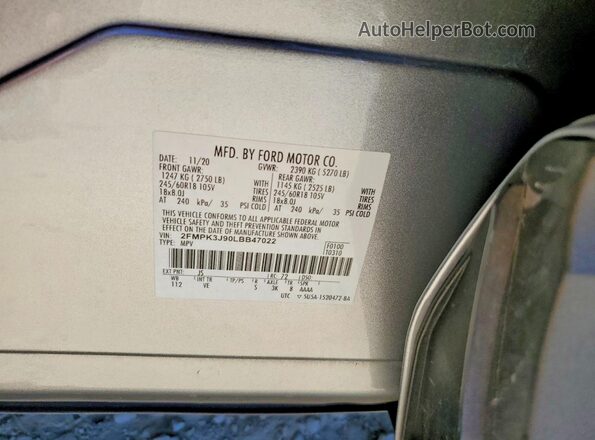 2FMPK3J90LBB47022 2020 FORD EDGE Серебряный Вид наклейки с VIN-кодом