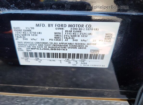 2FMPK3J90LBB50163 2020 FORD EDGE Black VIN კოდის სტიკერის ხედი
