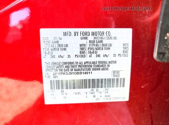 2FMPK3J91GBB14911 2016 FORD EDGE Red Widok naklejki z numerem VIN