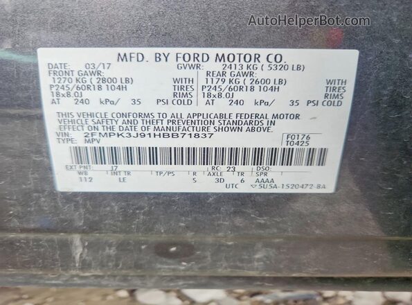 2FMPK3J91HBB71837 2017 FORD EDGE Gray Widok naklejki z numerem VIN