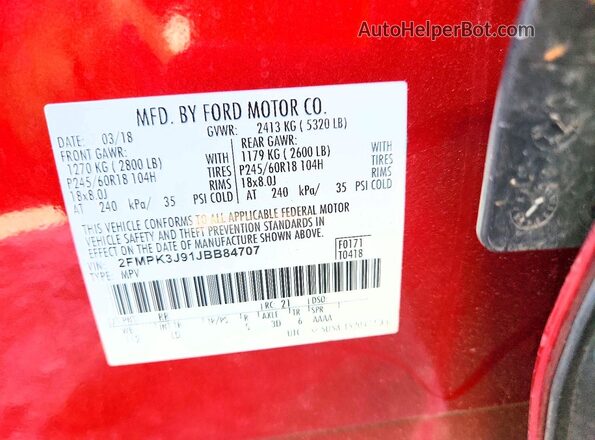 2FMPK3J91JBB84707 2018 FORD EDGE Red 360 interior view