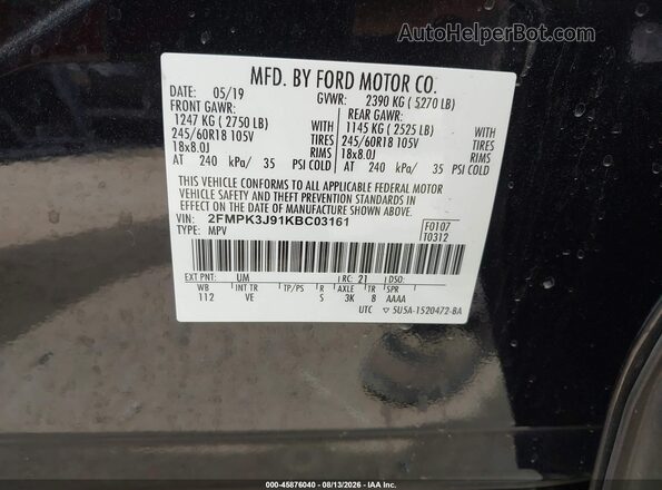 2FMPK3J91KBC03161 2019 FORD EDGE Black Շարժիչի բաժամունքի տեսք