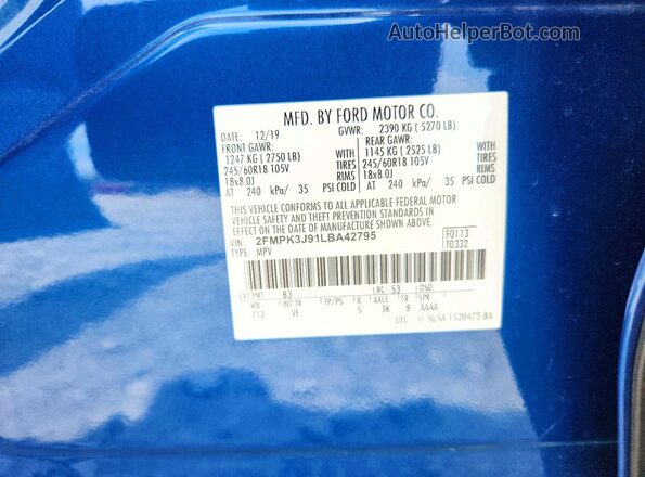 2FMPK3J91LBA42795 2020 FORD EDGE Blue Widok naklejki z numerem VIN