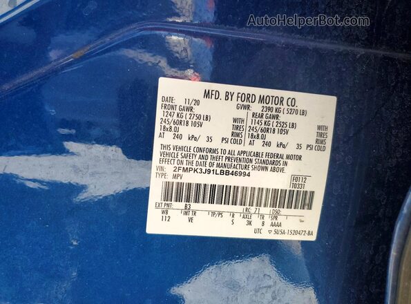 2FMPK3J91LBB46994 2020 FORD EDGE Blue Engine compartment view