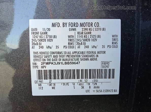 2FMPK3J91LBB59647 2020 FORD EDGE Charcoal VIN կոդի պիտակի տեսք