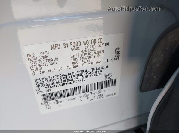2FMPK3J92HBB94592 2017 FORD EDGE White Widok komory silnika