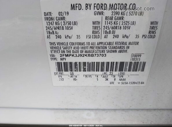 2FMPK3J92KBB73703 2019 FORD EDGE White Vista del compartimento del motor