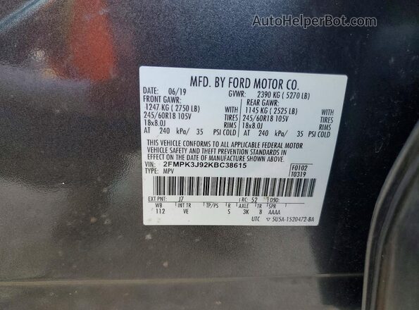 2FMPK3J92KBC38615 2019 FORD EDGE Gray VIN sticker view