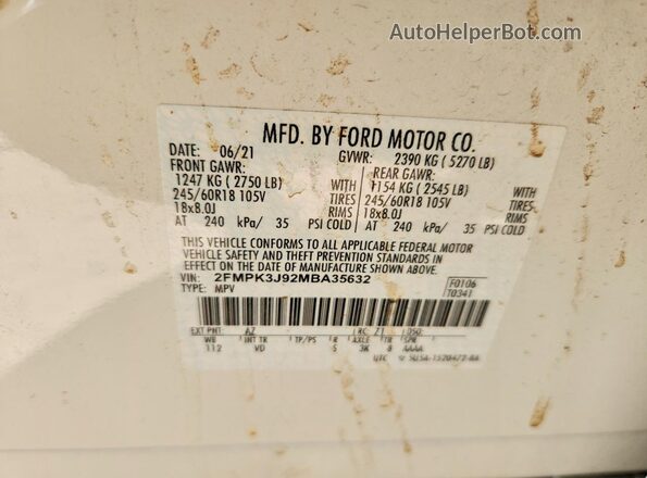 2FMPK3J92MBA35632 2021 FORD EDGE White Widok naklejki z numerem VIN
