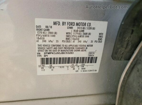 2FMPK3J93JBC53283 2018 FORD EDGE Silver VIN კოდის სტიკერის ხედი