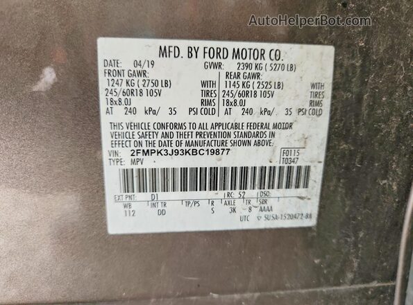 2FMPK3J93KBC19877 2019 FORD EDGE Brown Вид наклейки з VIN-кодом