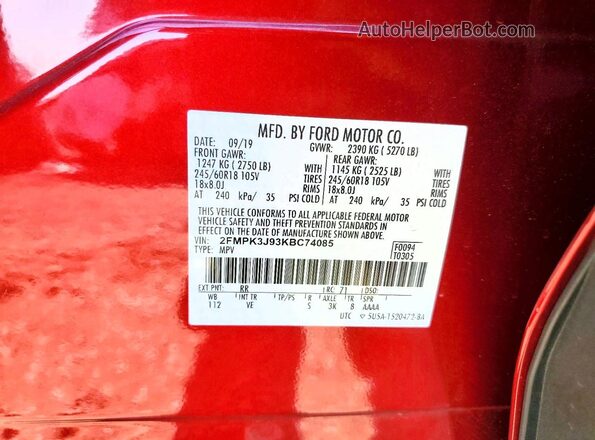 2FMPK3J93KBC74085 2019 FORD EDGE Red VIN კოდის სტიკერის ხედი