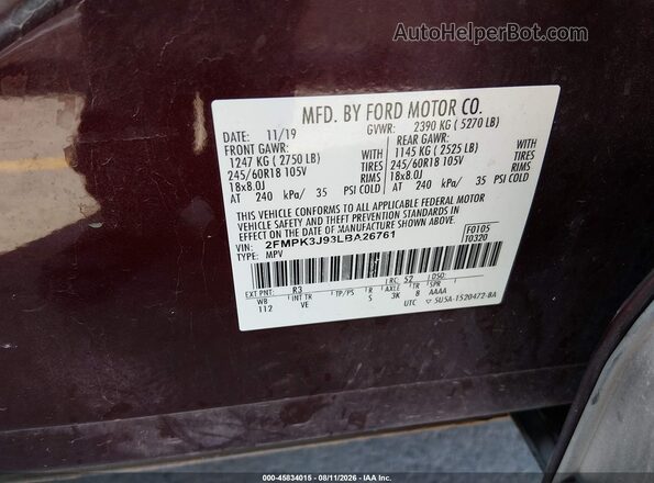 2FMPK3J93LBA26761 2020 FORD EDGE Burgundy Вид підкапотного простору