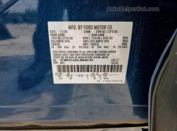 2FMPK3J93LBB48150 2020 FORD EDGE Blue 360 interior view