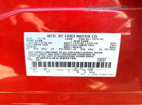 2FMPK3J93LBB58788 2020 FORD EDGE Red Engine compartment view