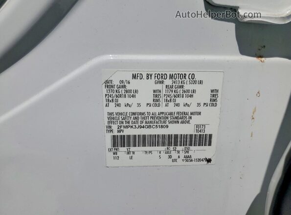 2FMPK3J94GBC51809 2016 FORD EDGE White VIN sticker view