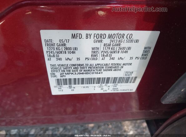 2FMPK3J94HBC01641 2017 FORD EDGE Red Vista del compartimento del motor