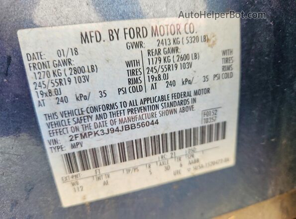 2FMPK3J94JBB56044 2018 FORD EDGE Blue VIN კოდის სტიკერის ხედი