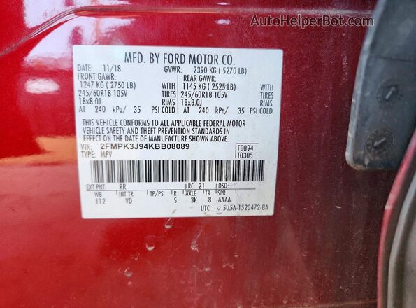2FMPK3J94KBB08089 2019 FORD EDGE Red Vista de la etiqueta del VIN