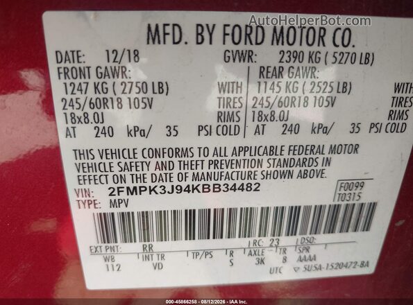 2FMPK3J94KBB34482 2019 FORD EDGE Burgundy Engine compartment view