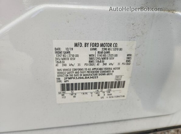 2FMPK3J94LBA34223 2020 FORD EDGE Белый Вид наклейки с VIN-кодом