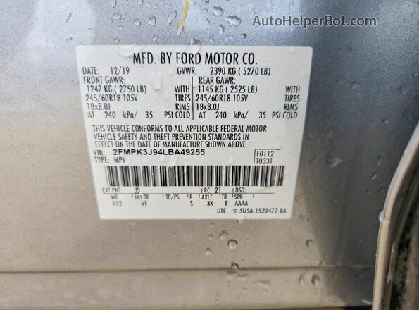 2FMPK3J94LBA49255 2020 FORD EDGE Серебряный Вид наклейки с VIN-кодом