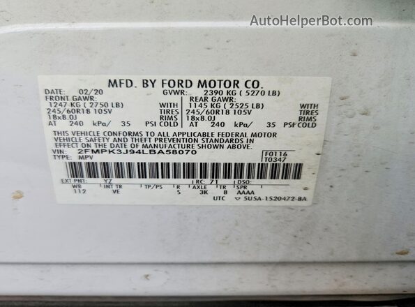 2FMPK3J94LBA58070 2020 FORD EDGE White Вид наклейки з VIN-кодом