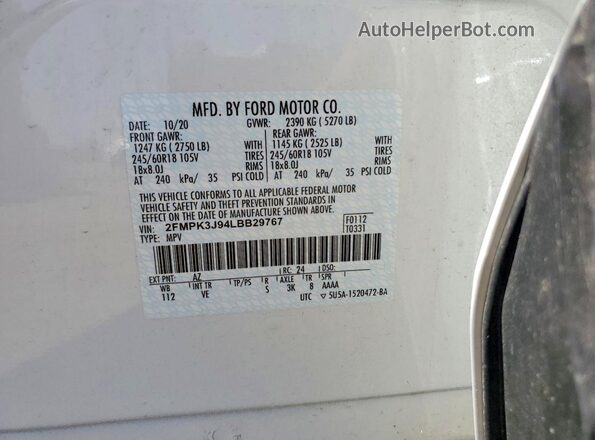2FMPK3J94LBB29767 2020 FORD EDGE White Вид наклейки з VIN-кодом