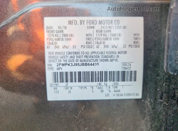 2FMPK3J95JBB64430 2018 FORD EDGE Gray VIN sticker view