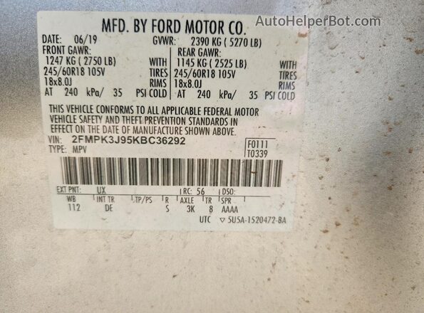 2FMPK3J95KBC36292 2019 FORD EDGE Silver Widok naklejki z numerem VIN
