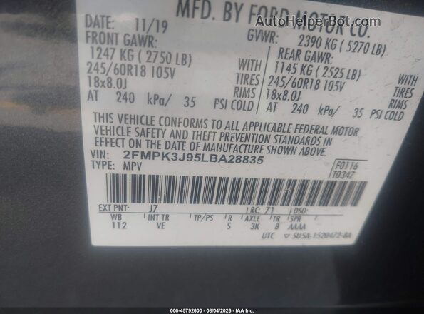 2FMPK3J95LBA28835 2020 FORD EDGE Gray Vista del compartimento del motor