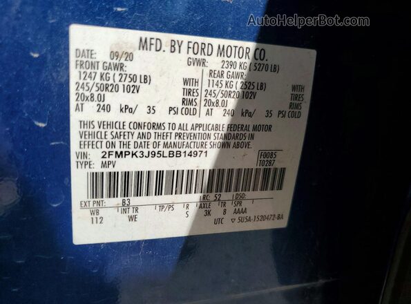 2FMPK3J95LBB14971 2020 FORD EDGE Blue VIN კოდის სტიკერის ხედი