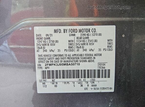 2FMPK3J95MBA50710 2021 FORD EDGE Gray Вид наклейки з VIN-кодом