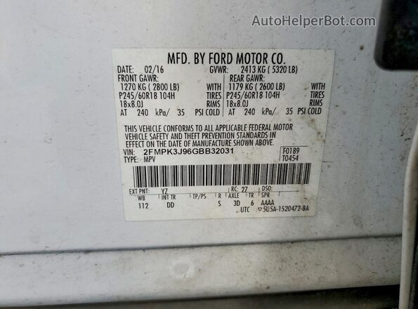 2FMPK3J96GBB32031 2016 FORD EDGE White Вид наклейки з VIN-кодом