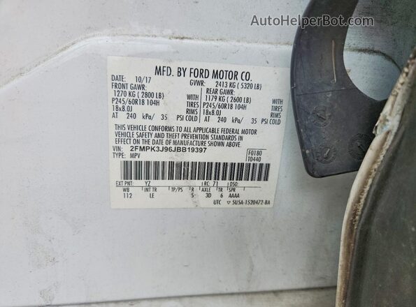 2FMPK3J96JBB19397 2018 FORD EDGE White VIN კოდის სტიკერის ხედი