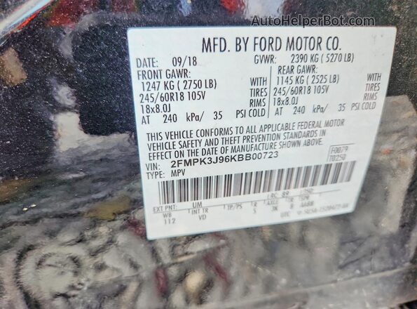 2FMPK3J96KBB00723 2019 FORD EDGE Black Вид наклейки з VIN-кодом