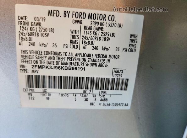 2FMPK3J96KBB96191 2019 FORD EDGE Silver Widok naklejki z numerem VIN
