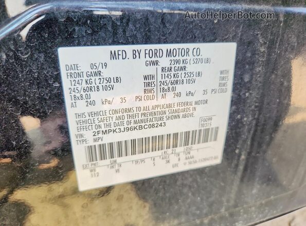 2FMPK3J96KBC08243 2019 FORD EDGE Black Widok naklejki z numerem VIN