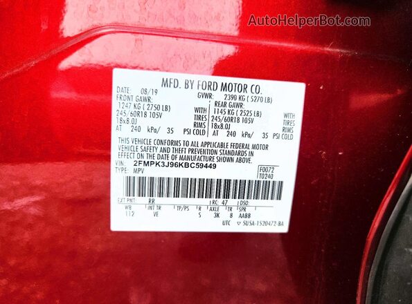 2FMPK3J96KBC59449 2019 FORD EDGE Red Vista de la etiqueta del VIN