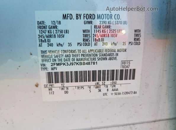 2FMPK3J97KBB48781 2019 FORD EDGE White VIN კოდის სტიკერის ხედი