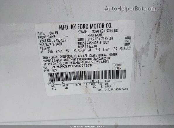 2FMPK3J97KBC21678 2019 FORD EDGE White Շարժիչի բաժամունքի տեսք