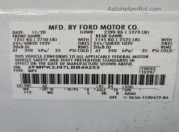 2FMPK3J97LBB49253 2020 FORD EDGE White VIN կոդի պիտակի տեսք