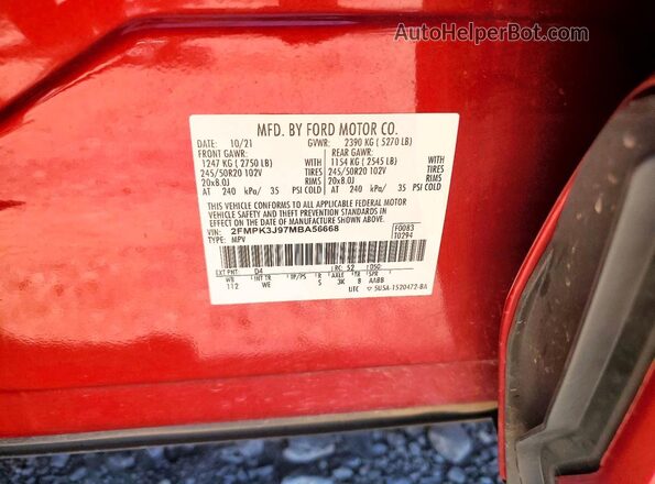 2FMPK3J97MBA56668 2021 FORD EDGE Red Vista de la etiqueta del VIN